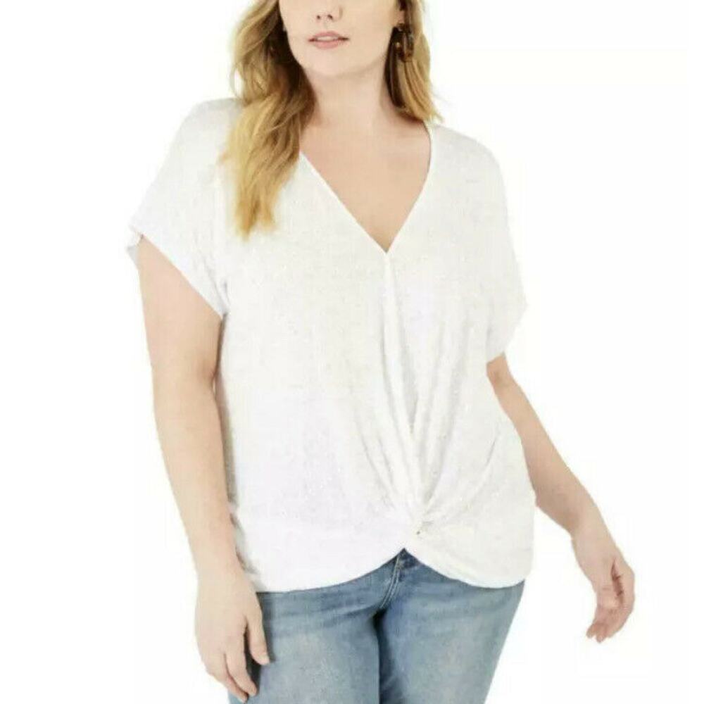 New INC International Concepts Womans Sz 1X Blouse Eyelet Twist Top White NWT